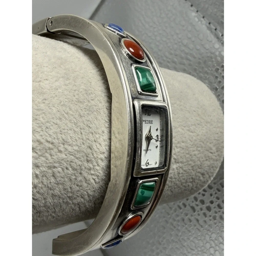 Pedre Ladies Watch Silver Tone Red Blue Green Stone Cuff New Battery 6.25